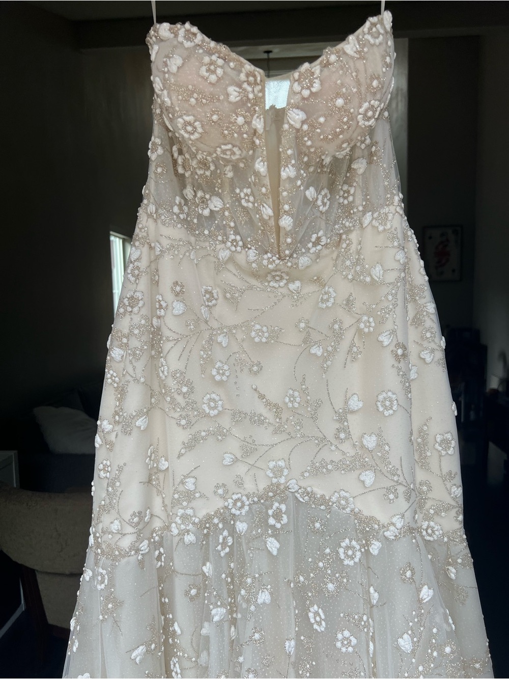 Elegant Beaded Floral Strapless Dress in Ivory (Pronovias Atelier)